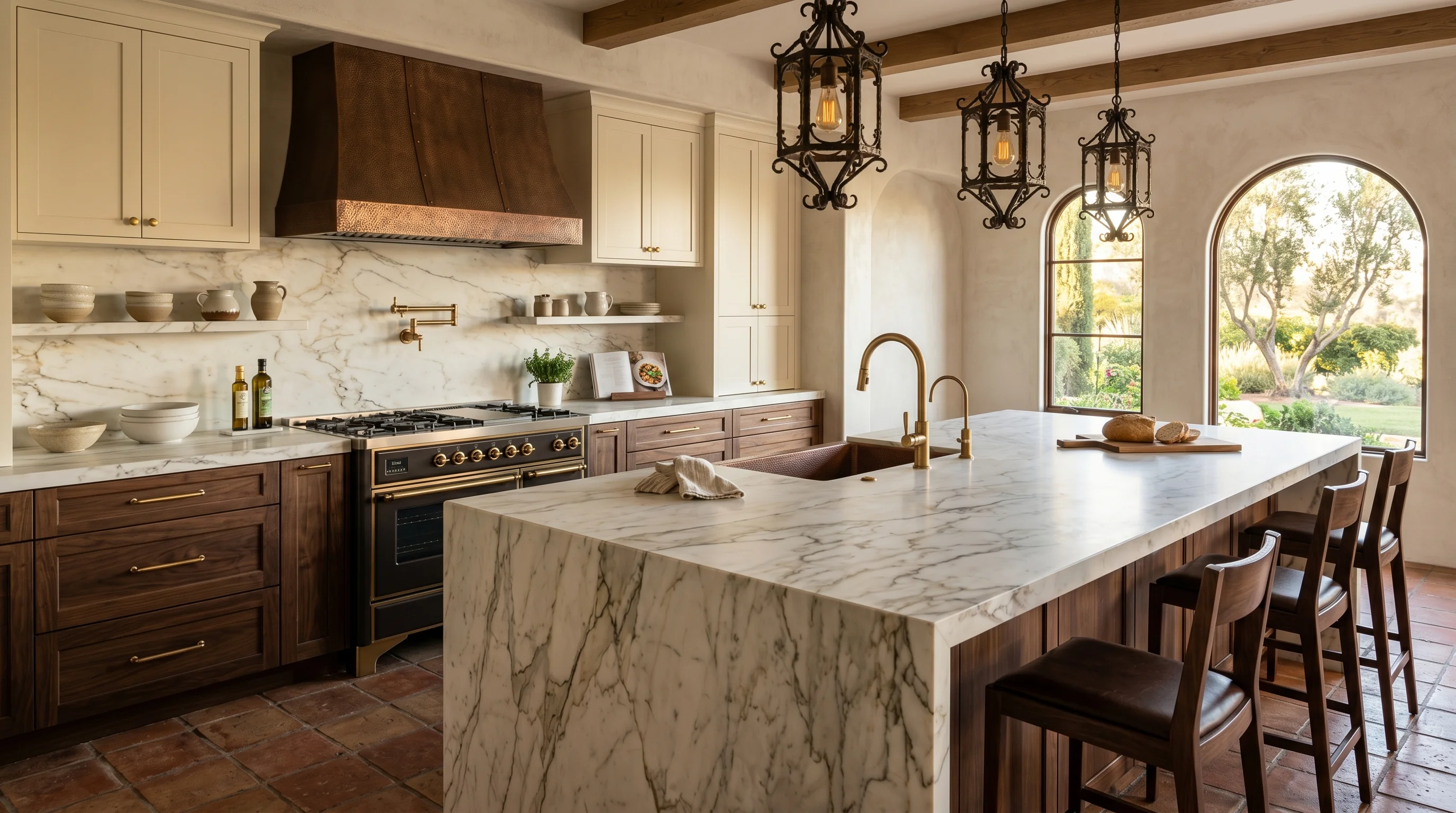 Panoramic finished Riviera Beach kitchen with marble island and brass hardware