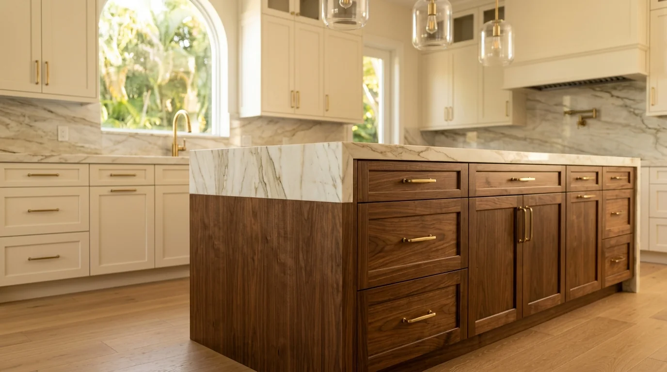 Lake Park luxury kitchen with marble waterfall island and brass pendants