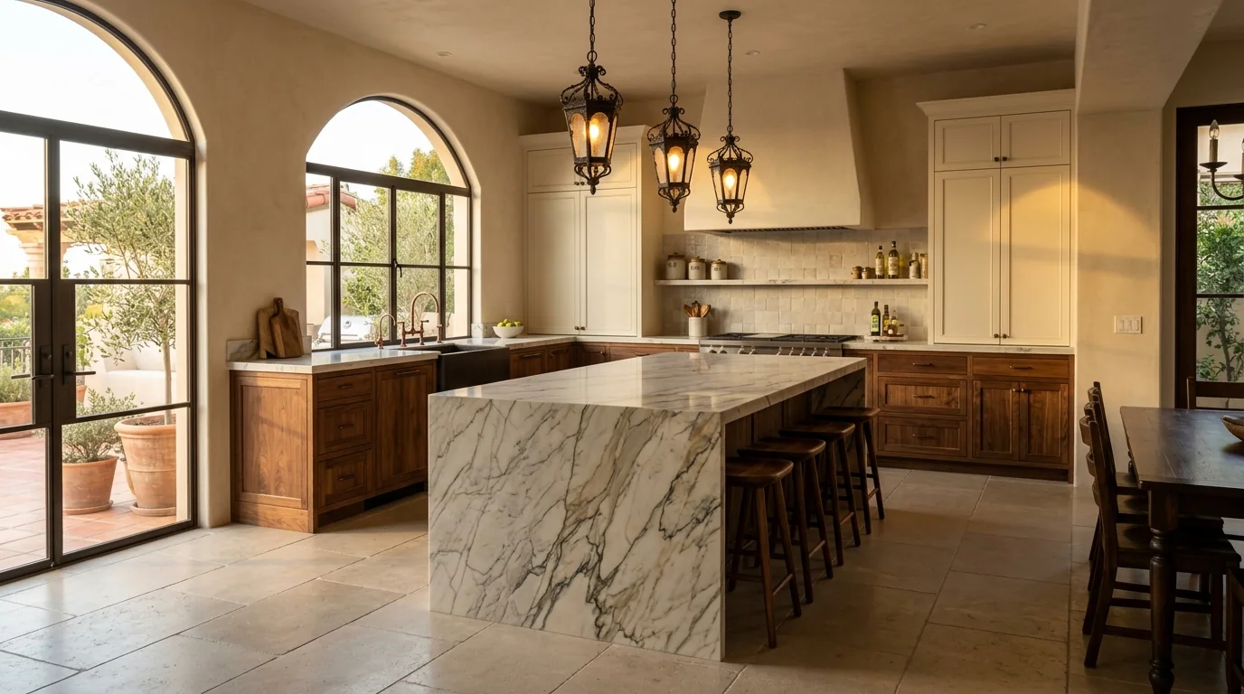 Wide cinematic Lake Park kitchen with marble island and arched windows