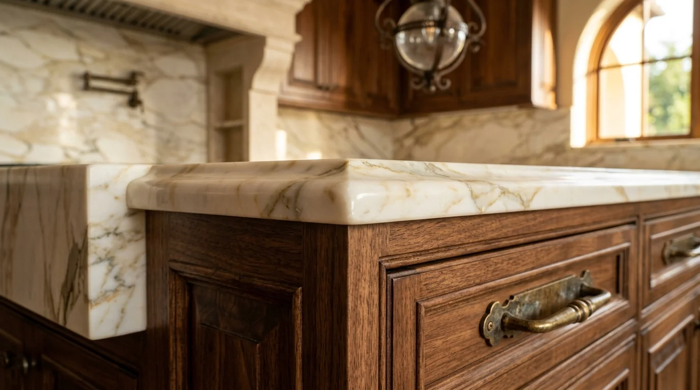 Close-up of warm wood Lake Park kitchen cabinetry and stone countertop detail