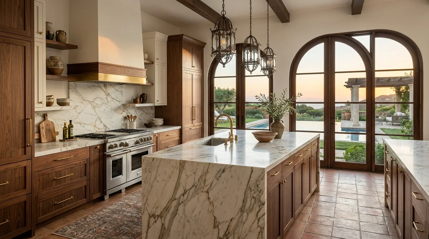 Ultra-wide Lake Park kitchen with marble waterfall island and pool deck view