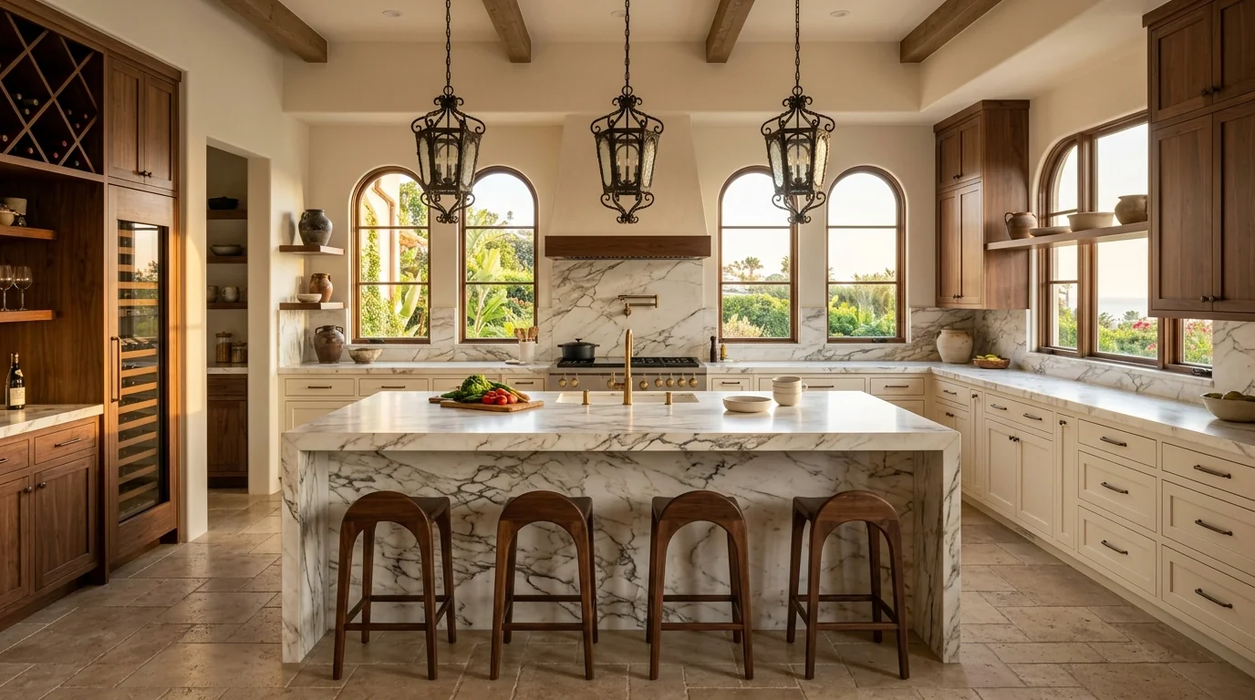 Panoramic finished Lake Park kitchen with marble island and brass hardware