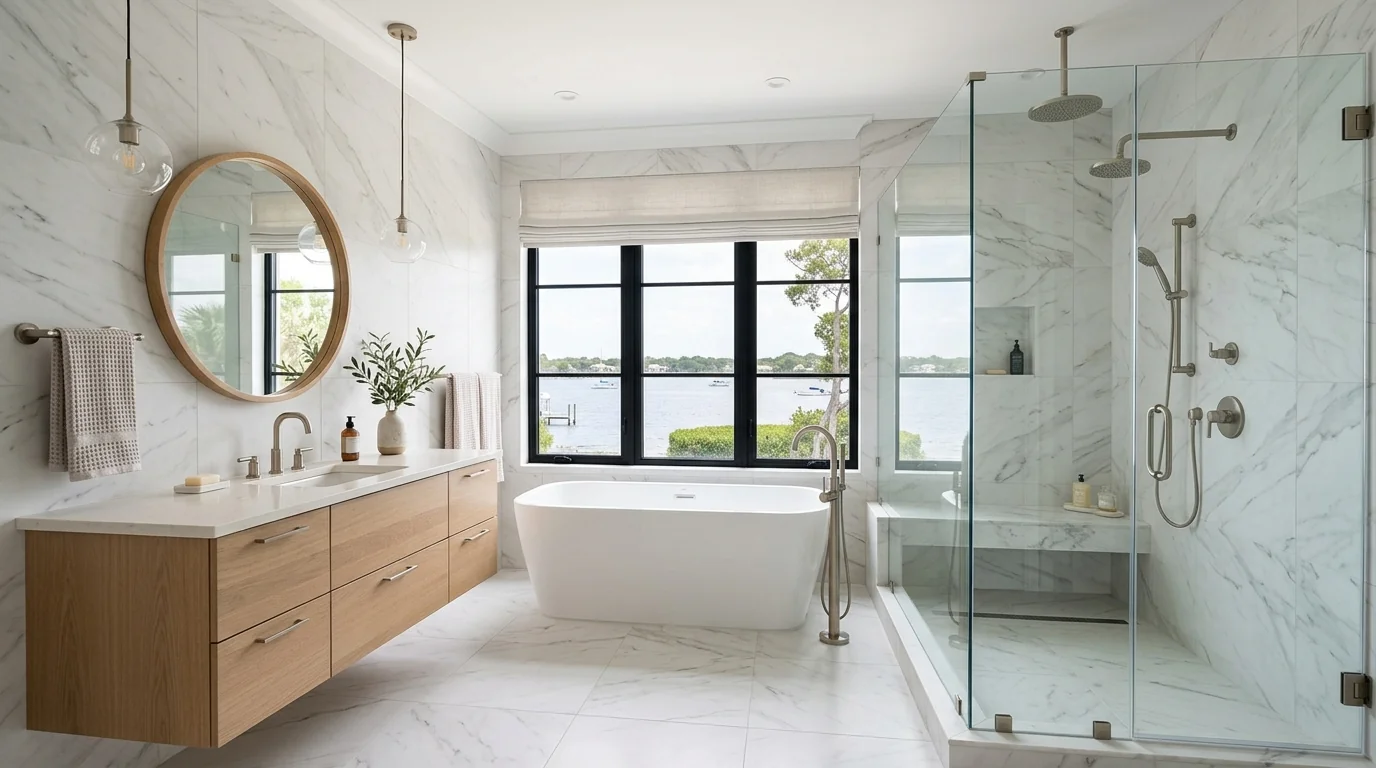 Boynton Beach luxury bathroom remodel with frameless walk-in shower, freestanding tub, and floating wood vanity