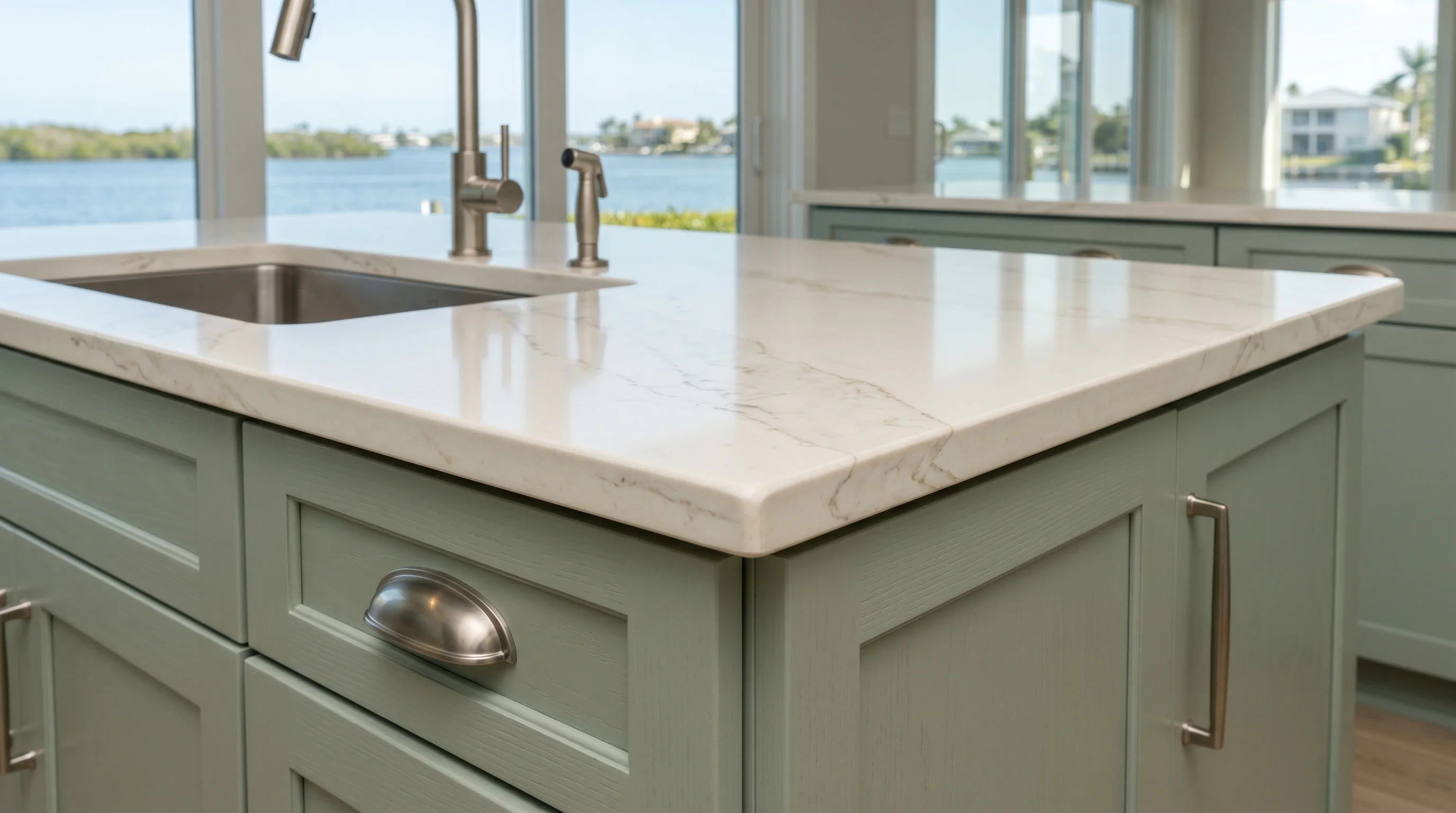 Boynton Beach luxury kitchen with marble waterfall island and brass pendants