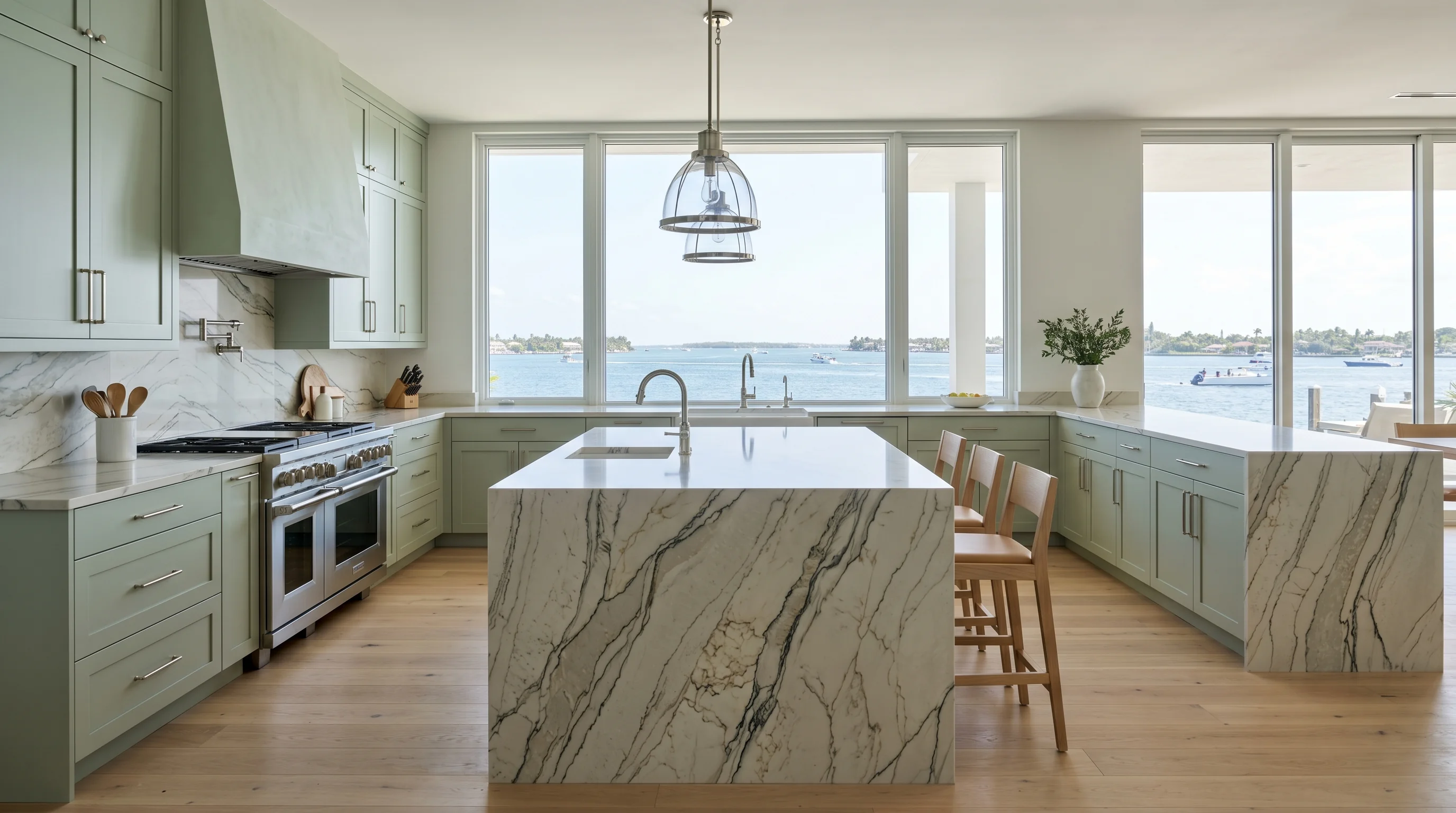 Wide cinematic Boynton Beach kitchen with marble island and arched windows