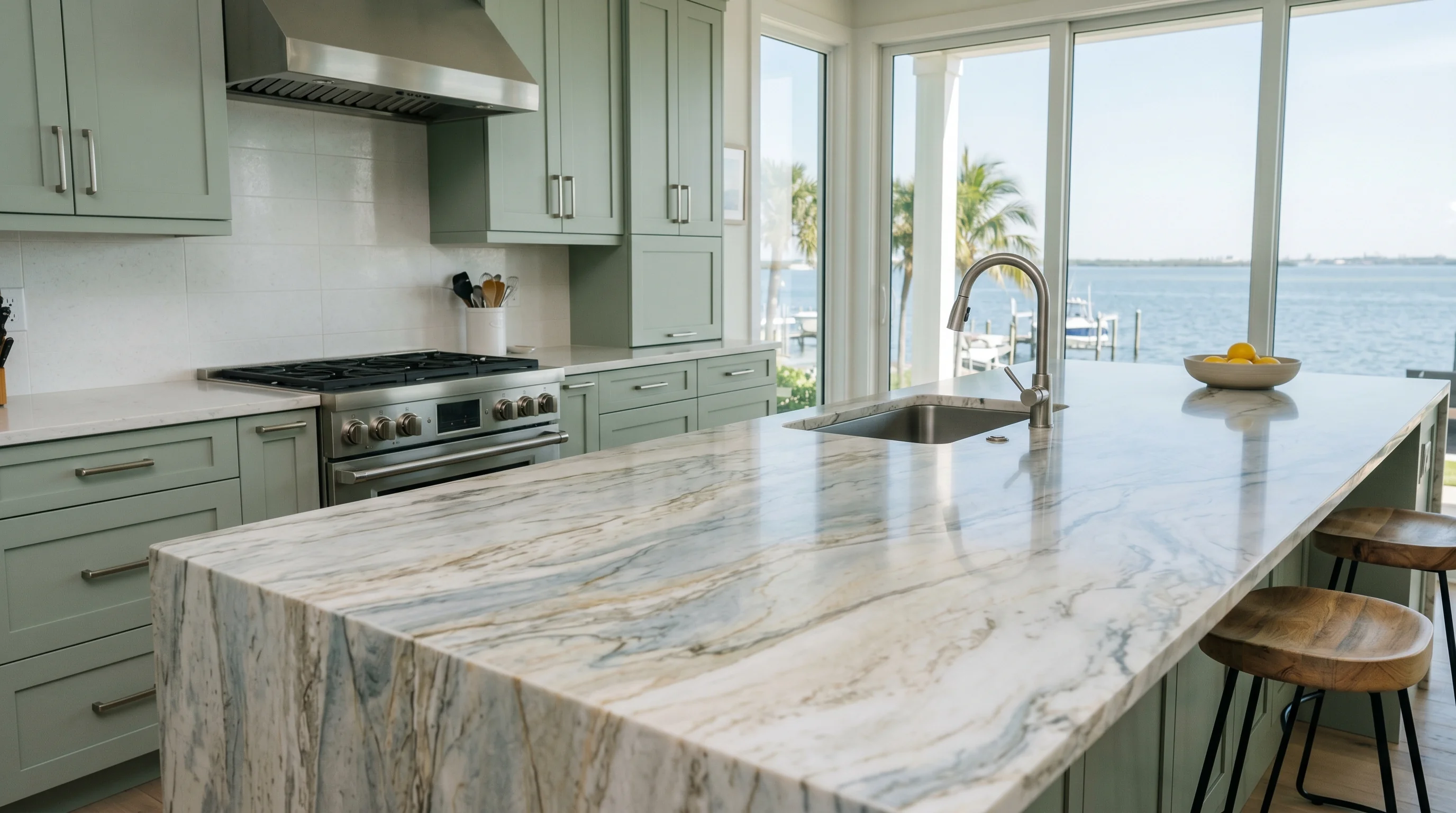 Close-up of warm wood Boynton Beach kitchen cabinetry and stone countertop detail
