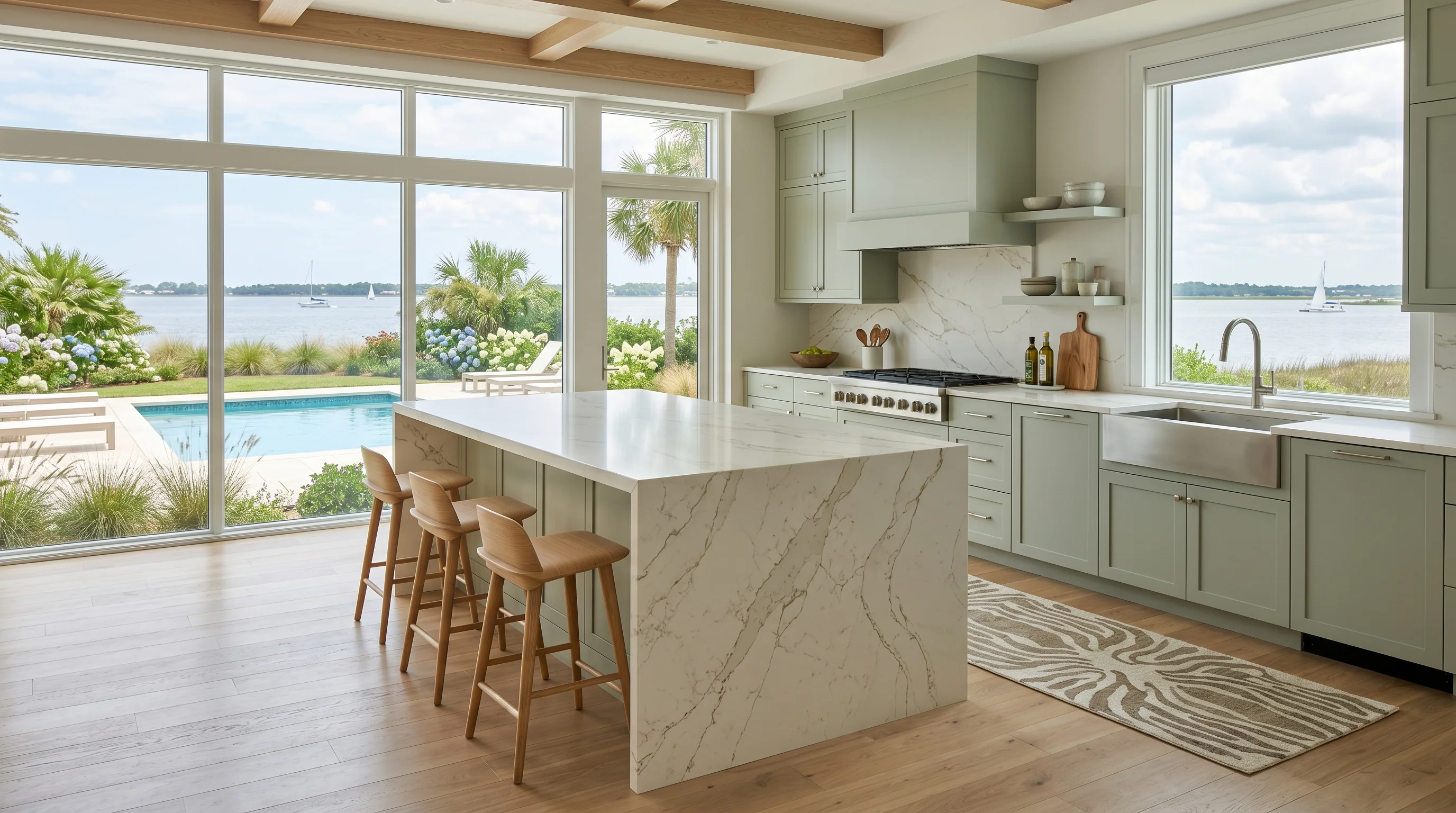 Ultra-wide Boynton Beach kitchen with marble waterfall island and pool deck view
