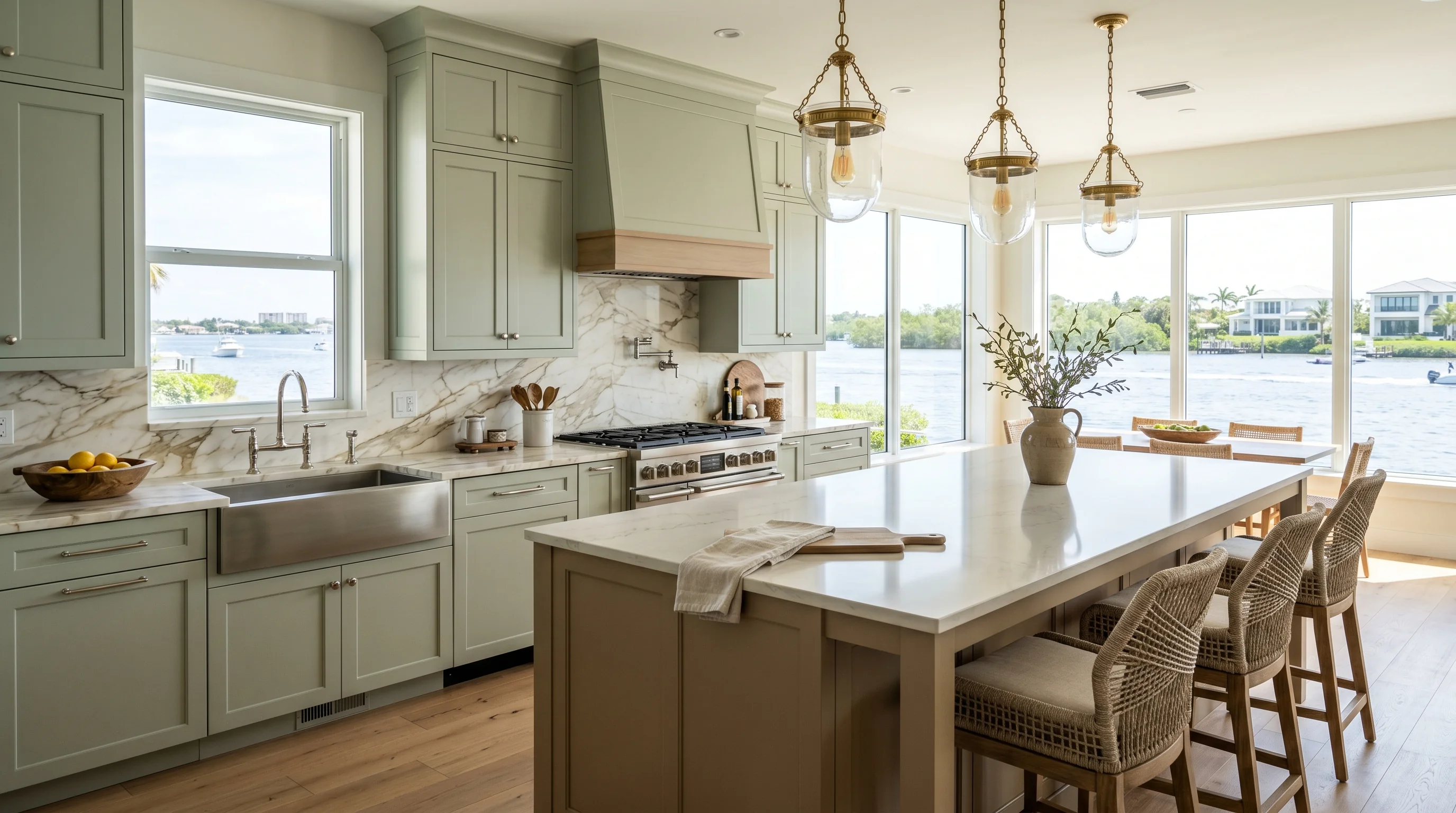 Boynton Beach gated-community kitchen with island and ornate brass pendant lighting