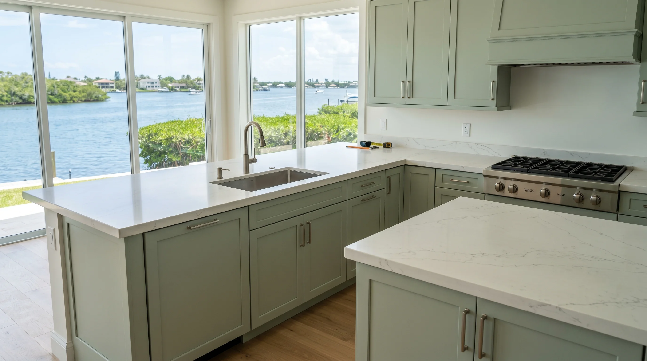 Boynton Beach kitchen remodeling installation in progress with cabinetry and stone countertops