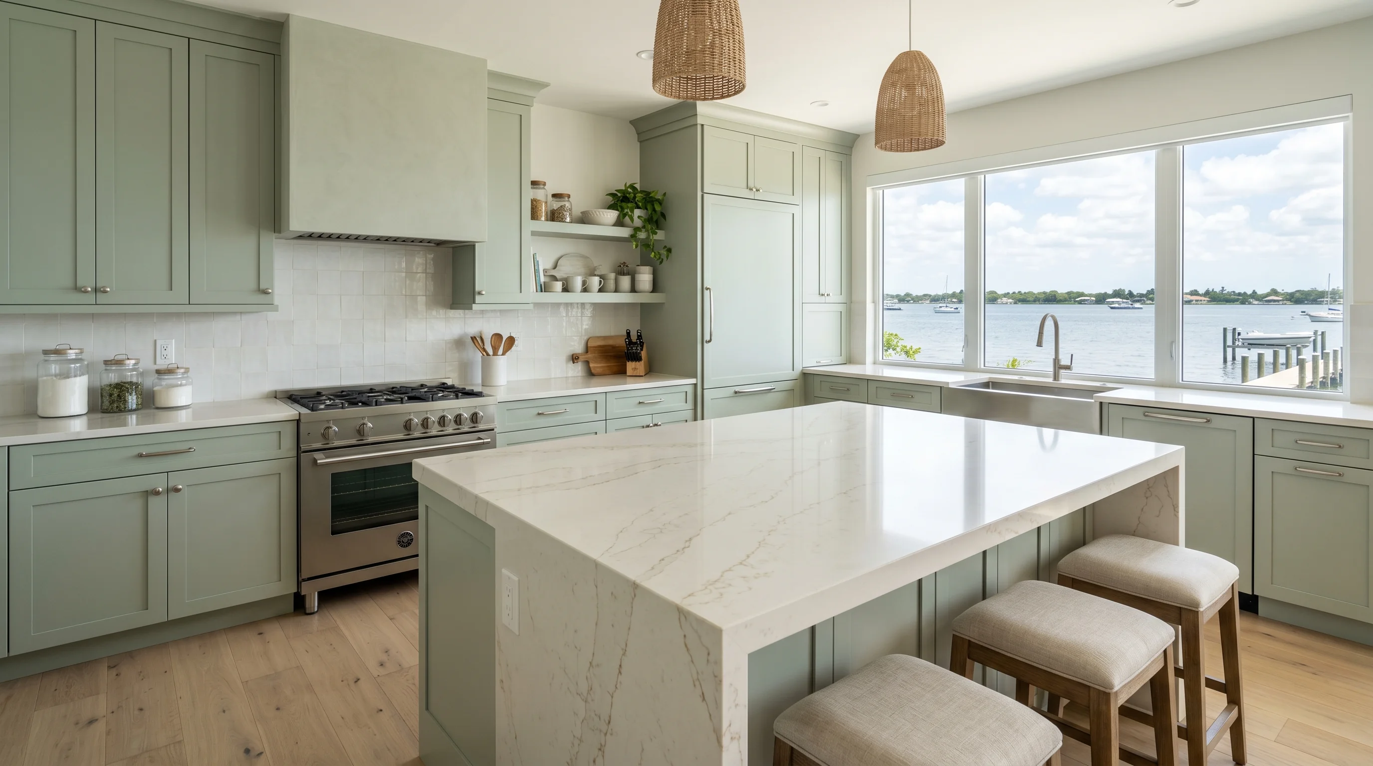 Panoramic finished Boynton Beach kitchen with marble island and brass hardware