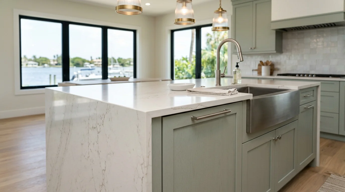 Boynton Beach luxury kitchen with marble waterfall island and brass pendants