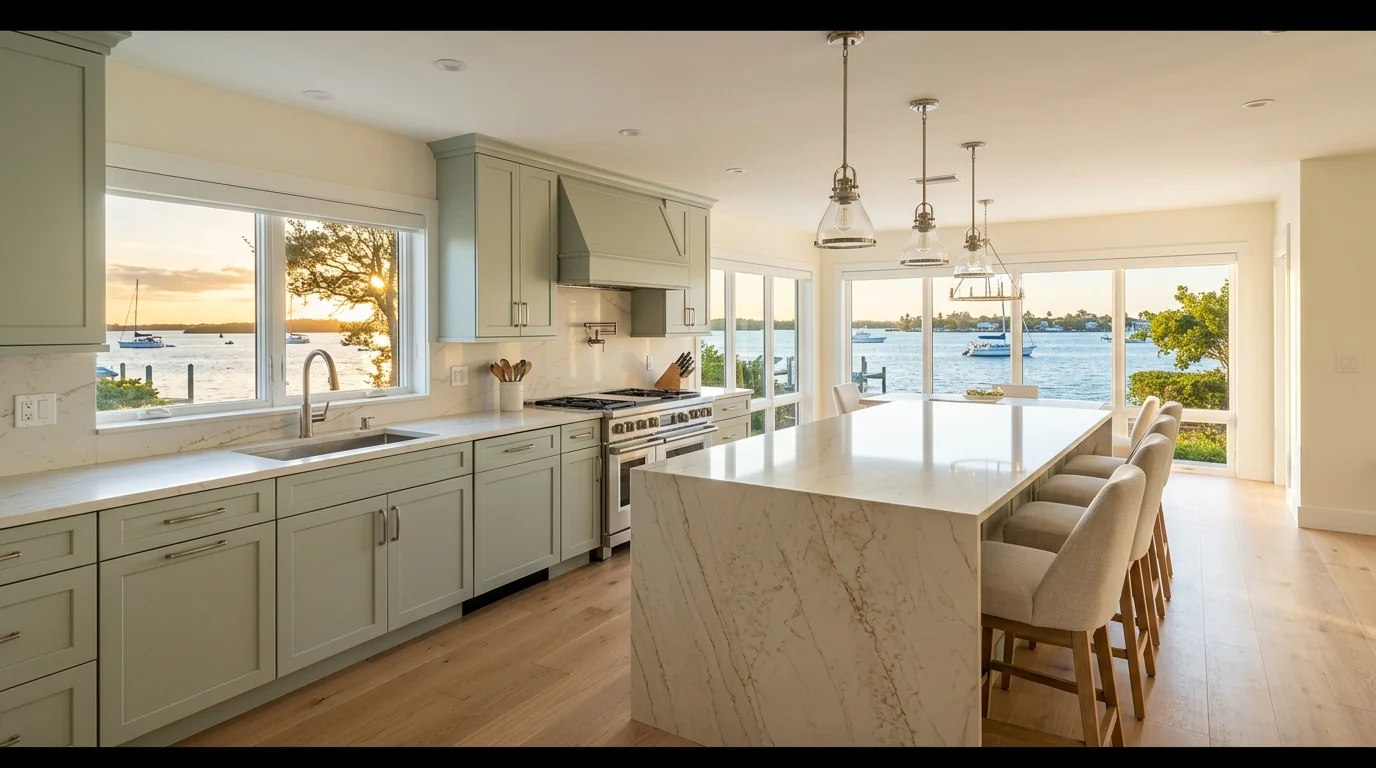 Wide cinematic Boynton Beach kitchen with marble island and arched windows