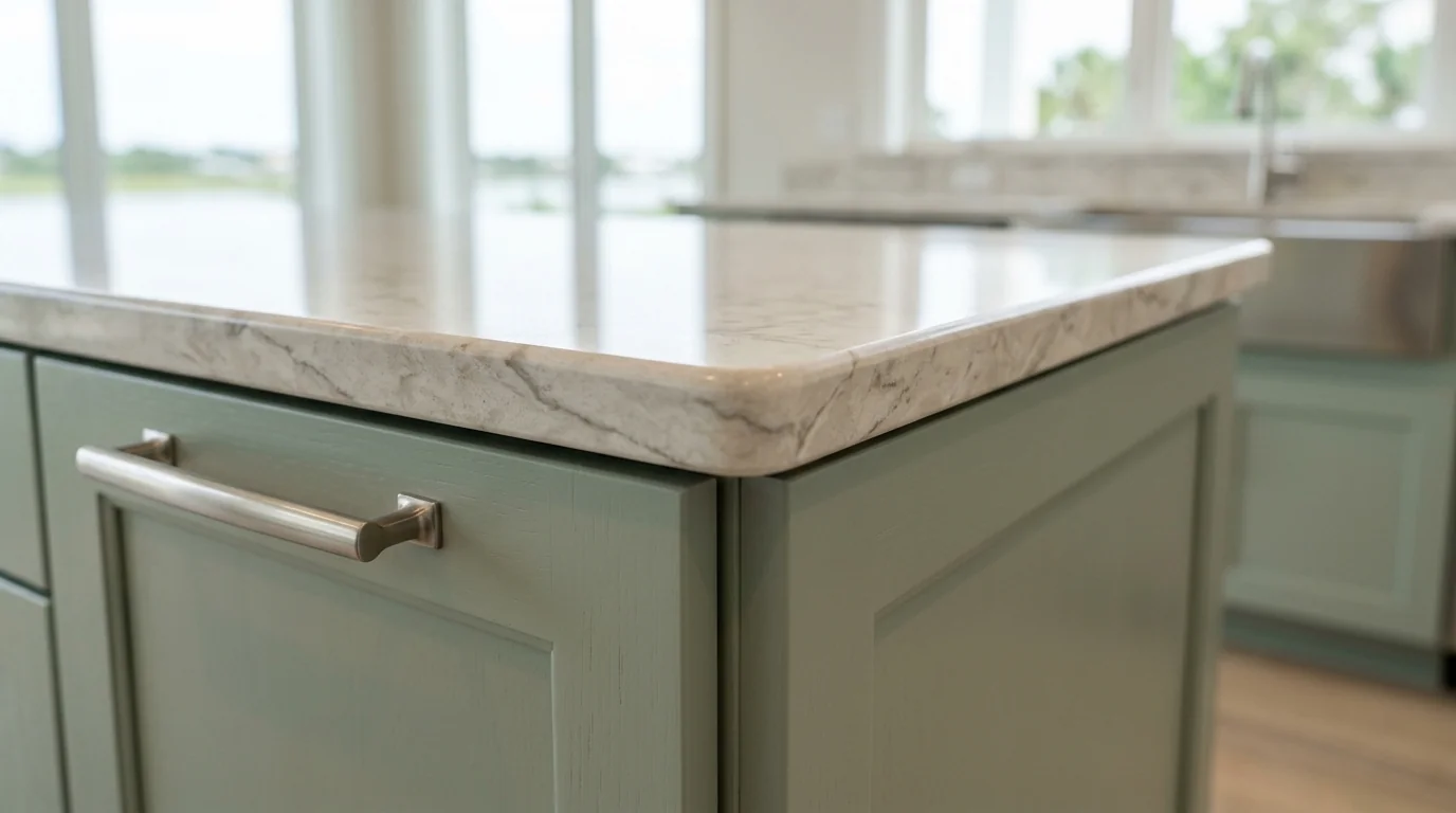 Close-up of warm wood Boynton Beach kitchen cabinetry and stone countertop detail
