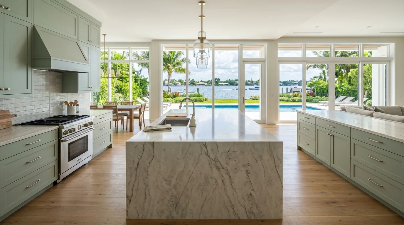 Ultra-wide Boynton Beach kitchen with marble waterfall island and pool deck view