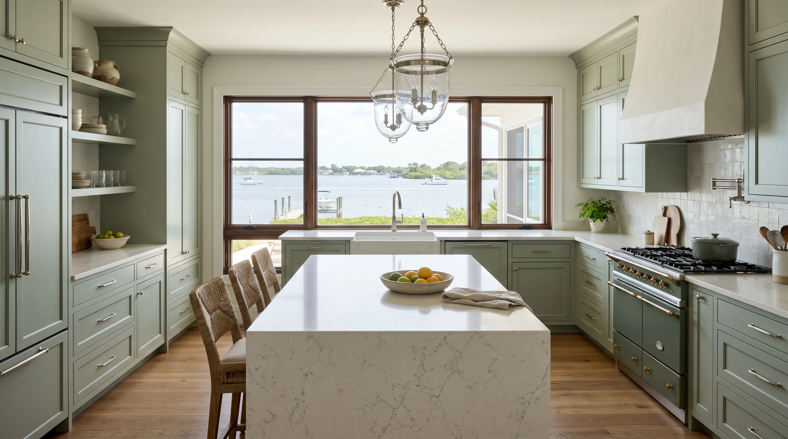 Boynton Beach gated-community kitchen with island and ornate brass pendant lighting