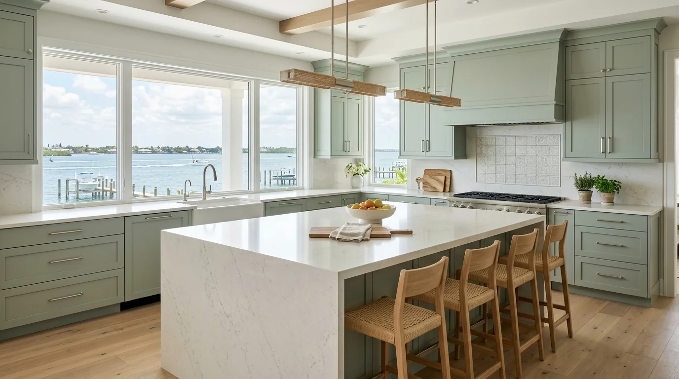 Panoramic finished Boynton Beach kitchen with marble island and brass hardware