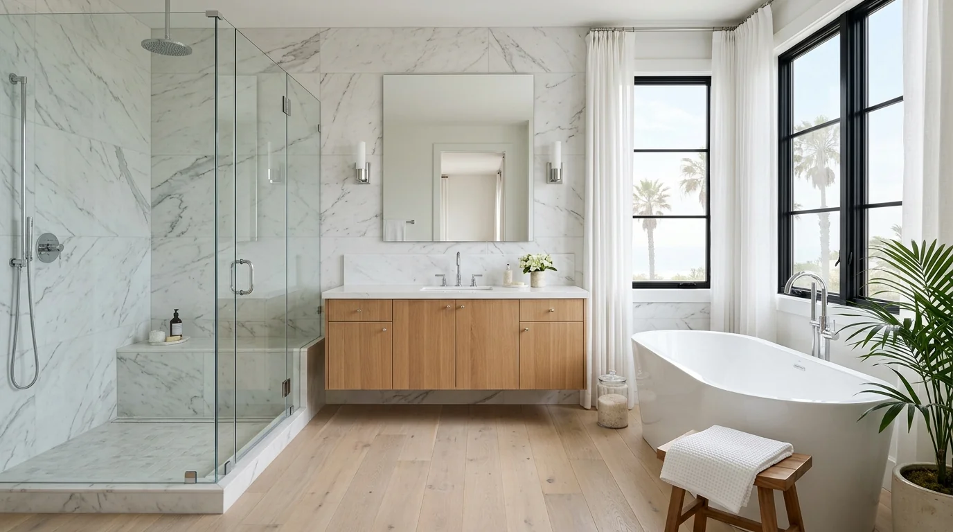 Delray Beach luxury bathroom remodel with frameless walk-in shower, freestanding tub, and floating wood vanity