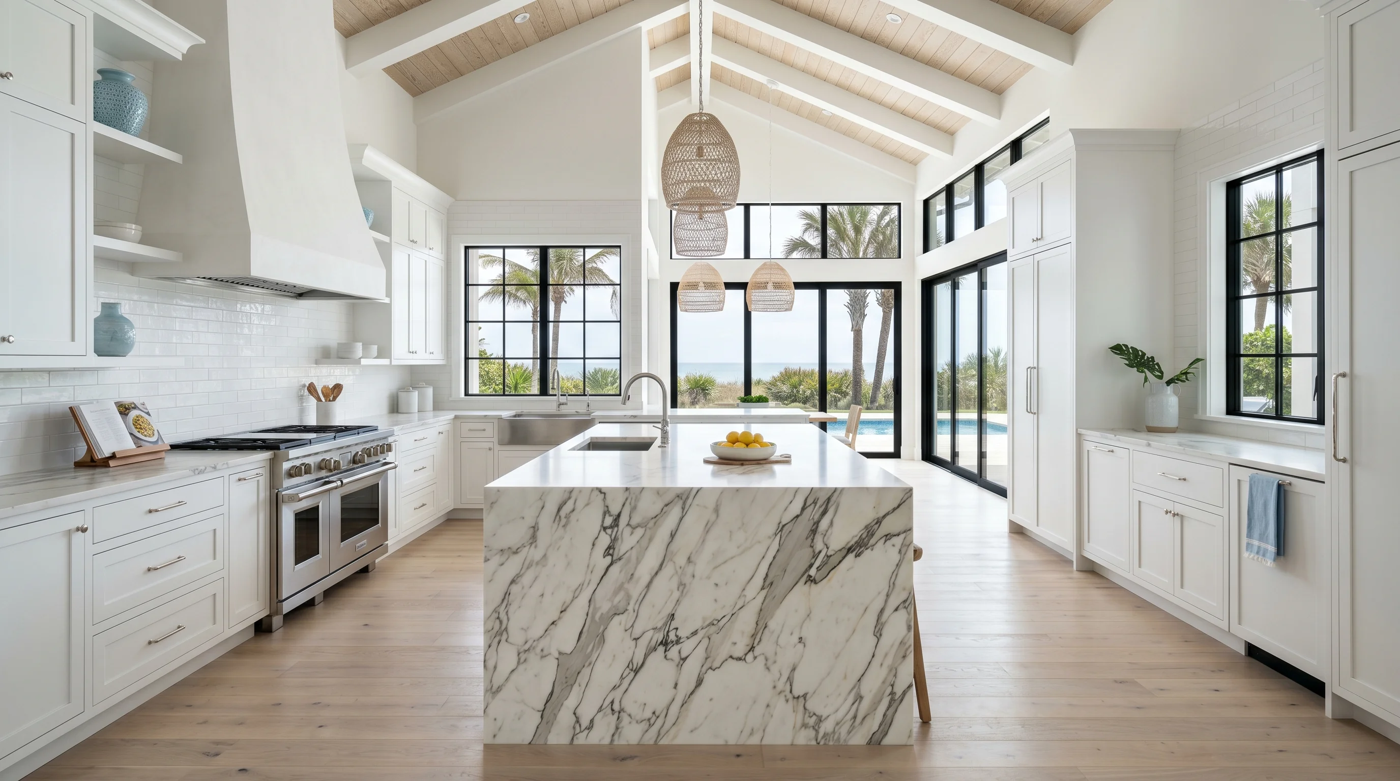 Wide cinematic Delray Beach kitchen with marble island and arched windows