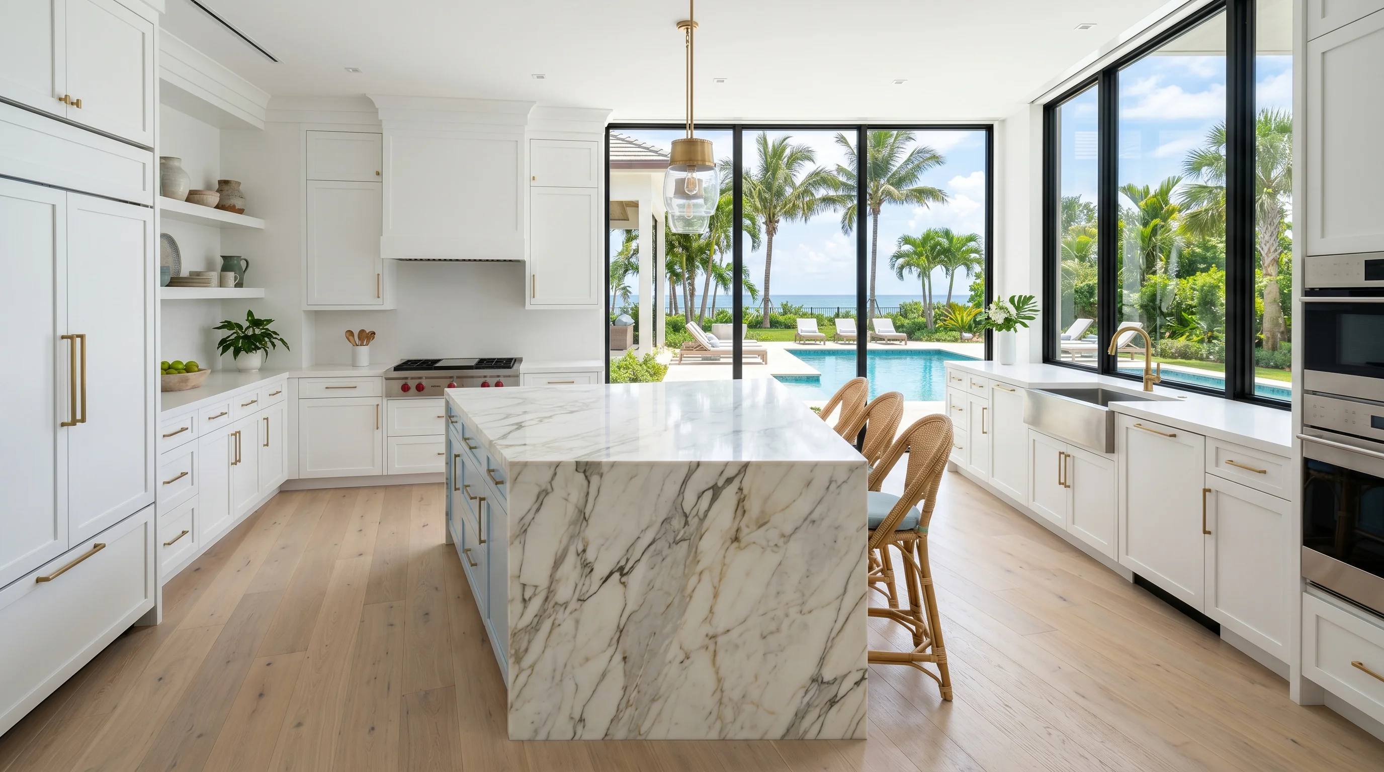 Ultra-wide Delray Beach kitchen with marble waterfall island and pool deck view