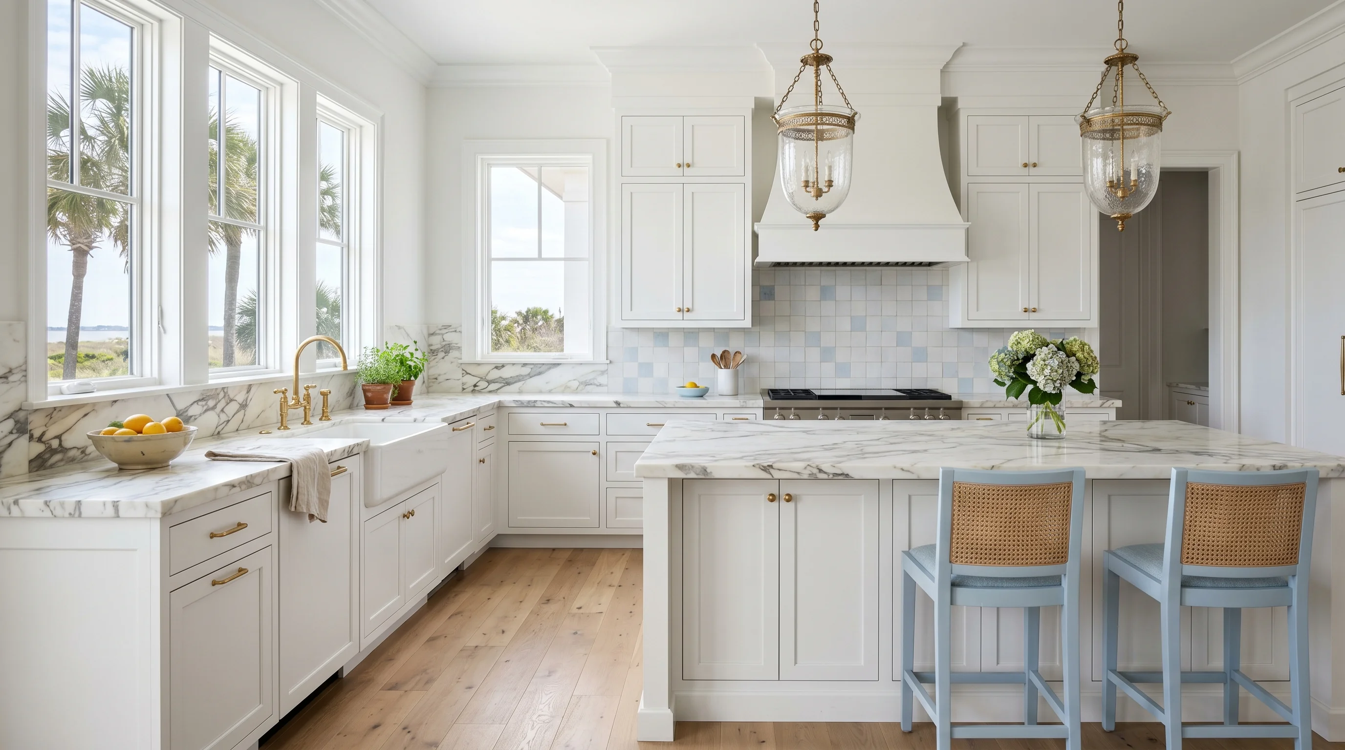 Delray Beach gated-community kitchen with island and ornate brass pendant lighting