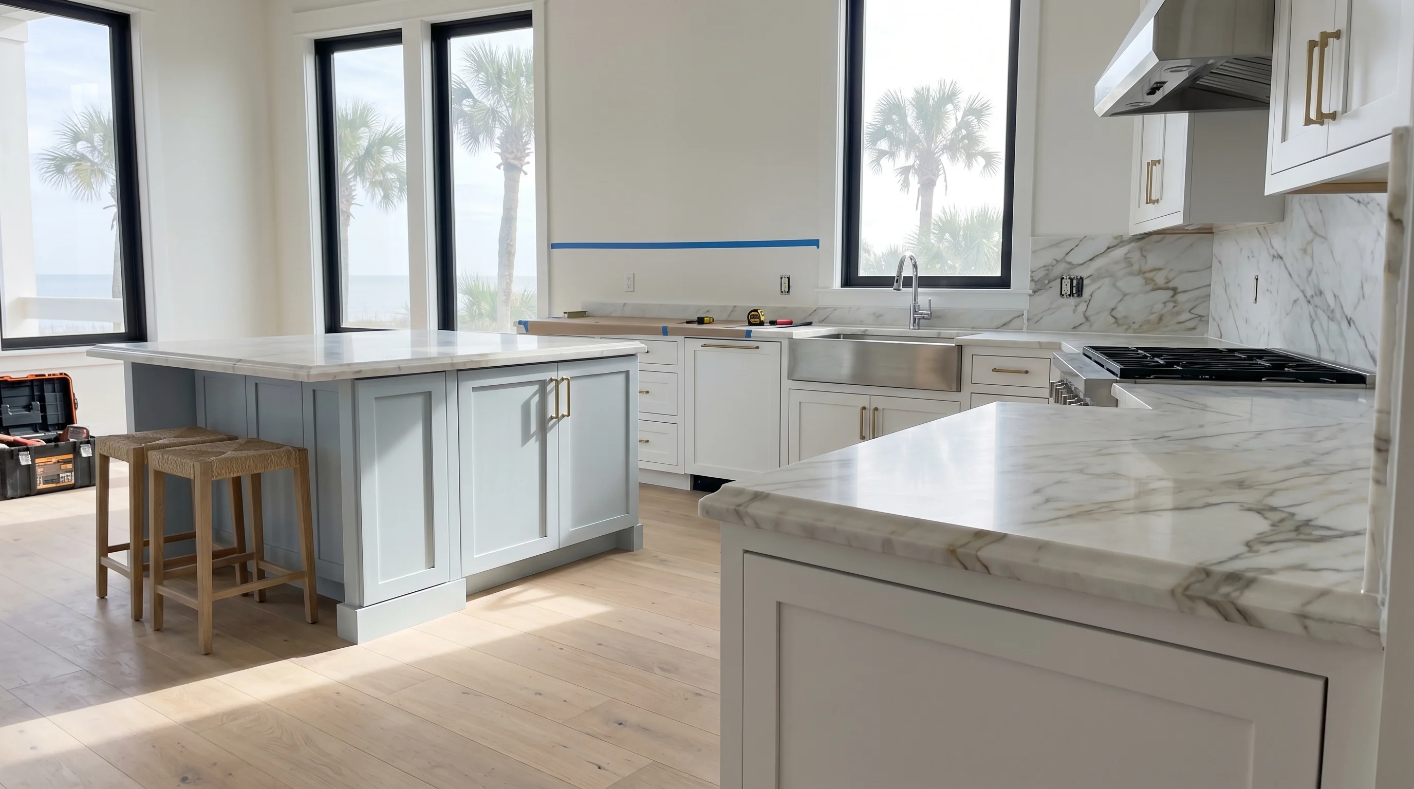Delray Beach kitchen remodeling installation in progress with cabinetry and stone countertops