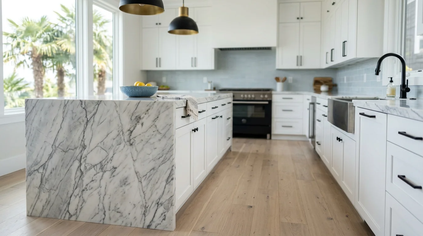 Delray Beach luxury kitchen with marble waterfall island and brass pendants