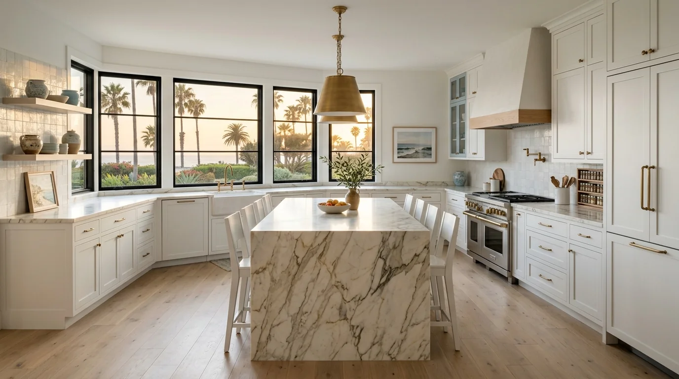 Wide cinematic Delray Beach kitchen with marble island and arched windows