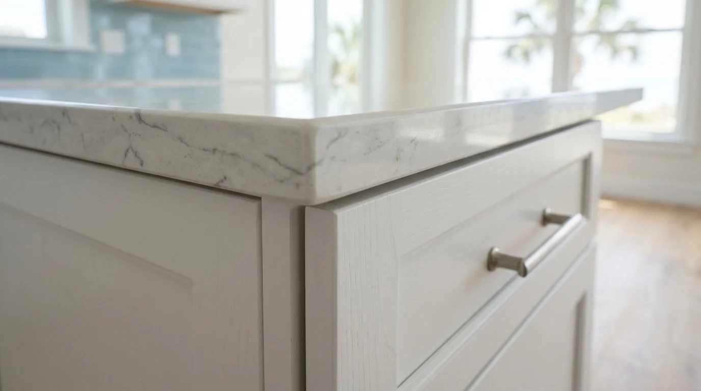 Close-up of warm wood Delray Beach kitchen cabinetry and stone countertop detail