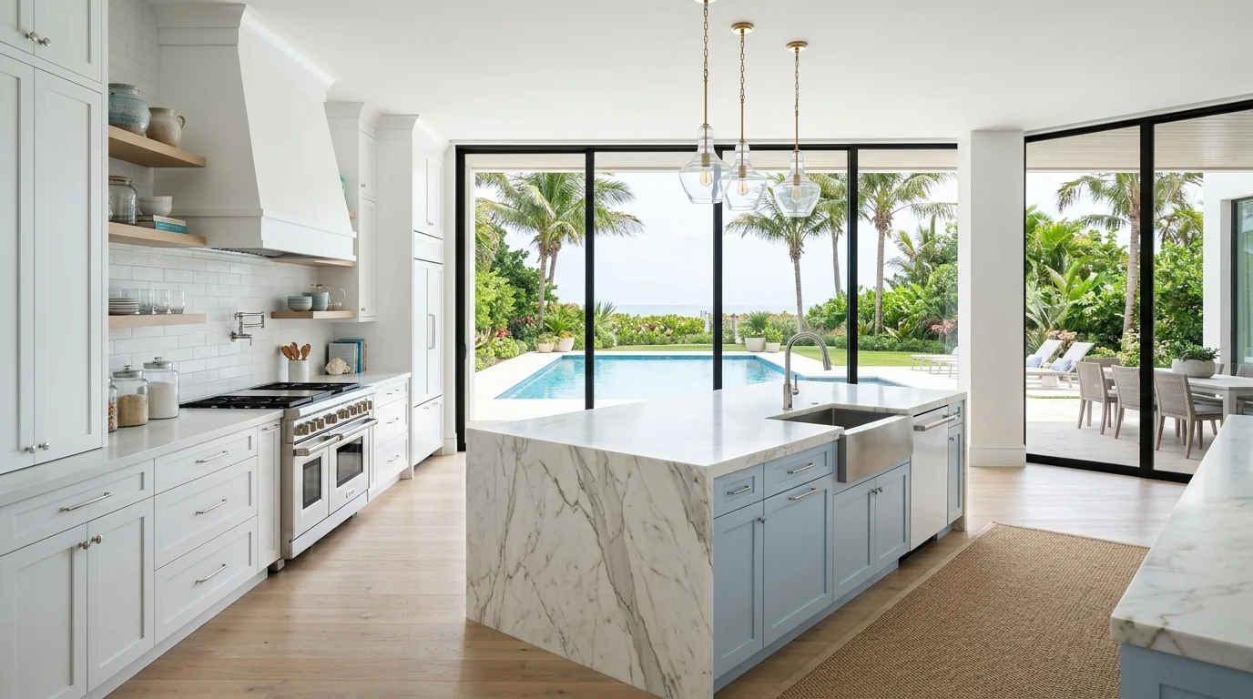 Ultra-wide Delray Beach kitchen with marble waterfall island and pool deck view