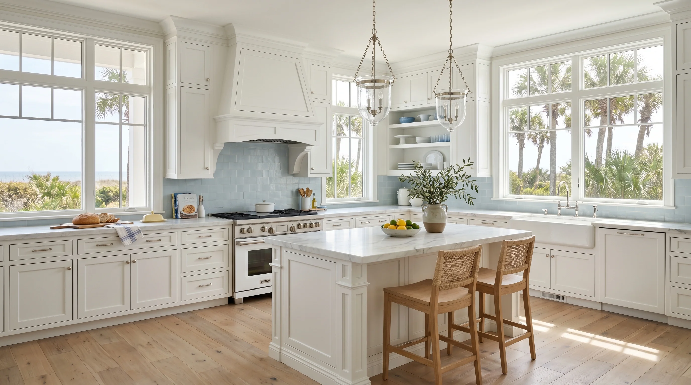 Delray Beach gated-community kitchen with island and ornate brass pendant lighting