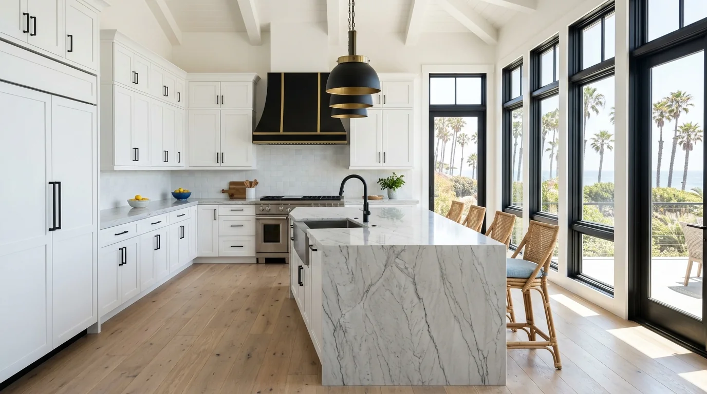 Panoramic finished Delray Beach kitchen with marble island and brass hardware