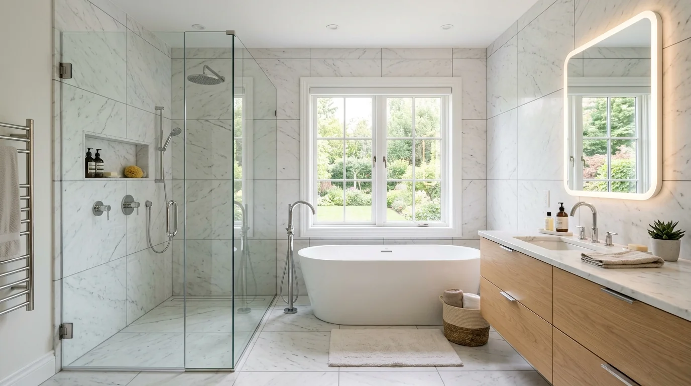 Greenacres bathroom remodel with frameless walk-in shower, freestanding tub, and floating wood vanity