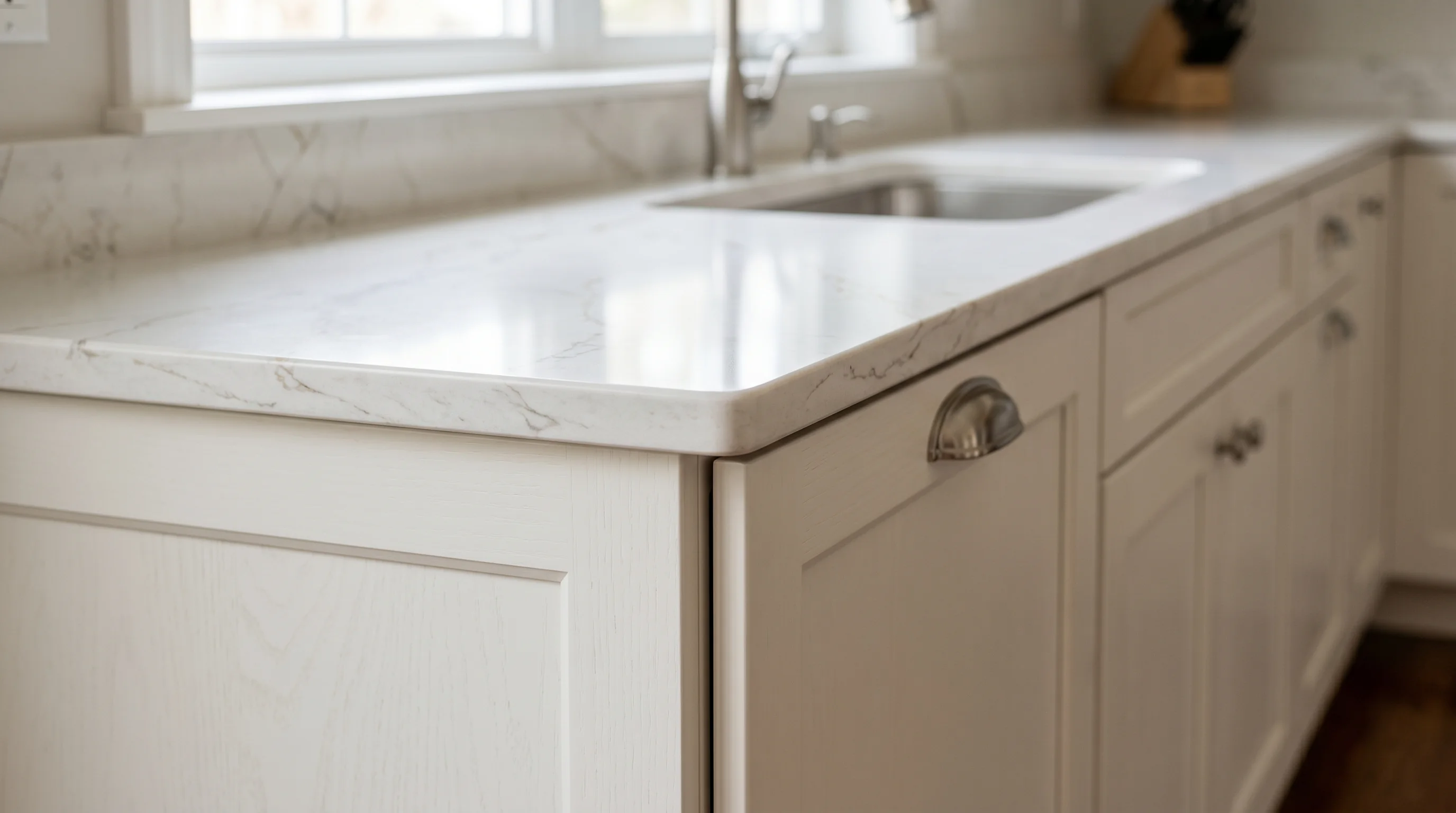 Greenacres luxury kitchen with marble waterfall island and brass pendants