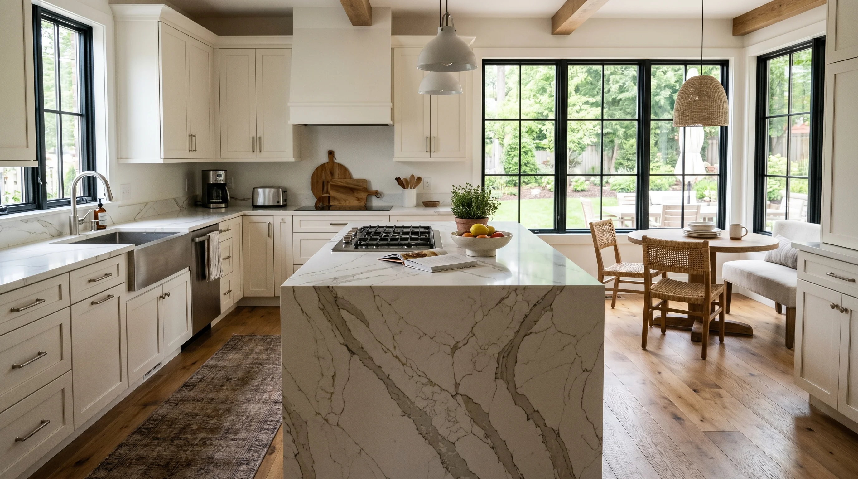 Wide cinematic Greenacres kitchen with marble island and arched windows