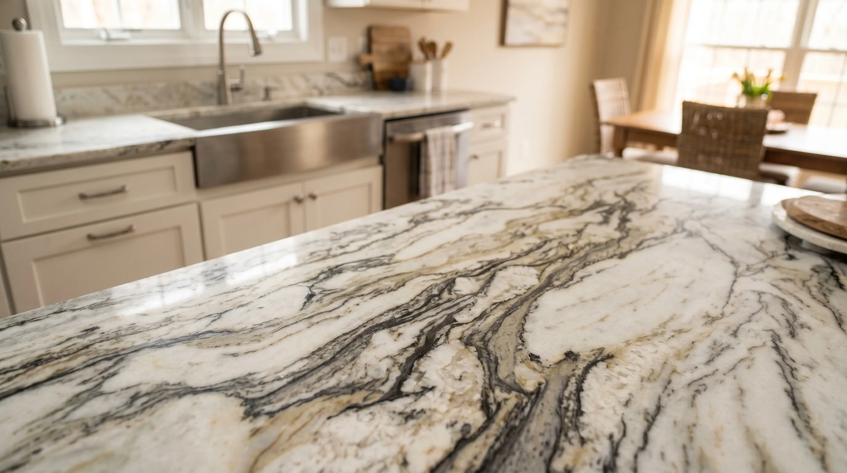 Close-up of warm wood Greenacres kitchen cabinetry and stone countertop detail