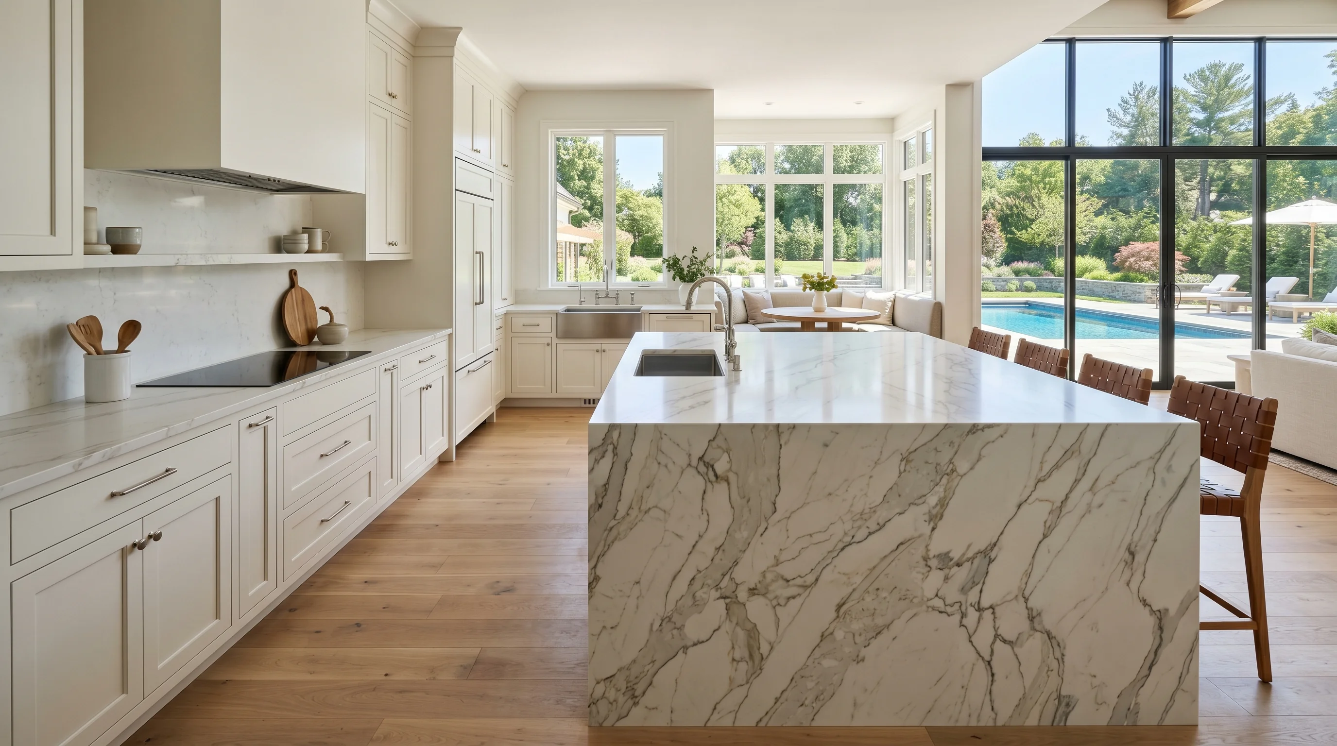 Ultra-wide Greenacres kitchen with marble waterfall island and pool deck view