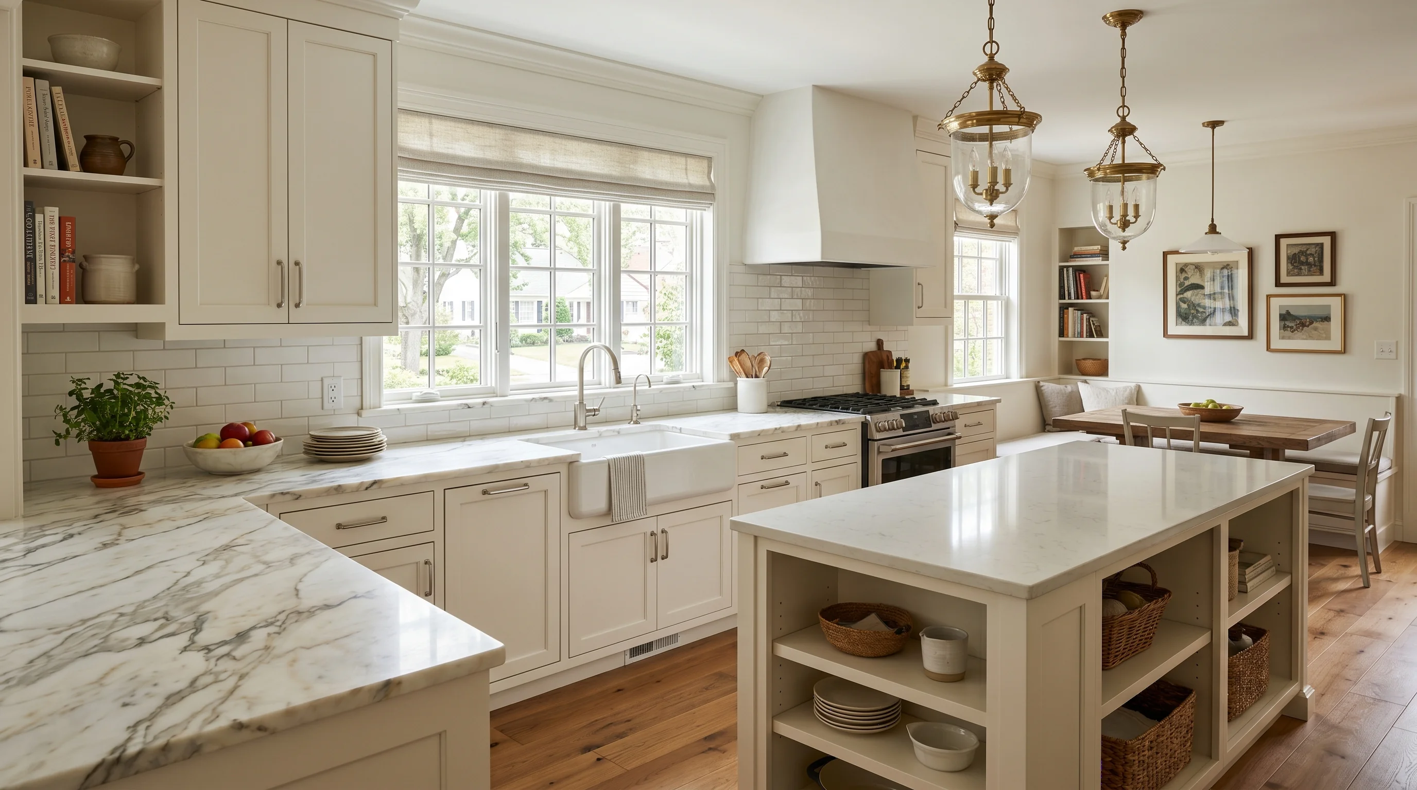 Greenacres gated-community kitchen with island and ornate brass pendant lighting