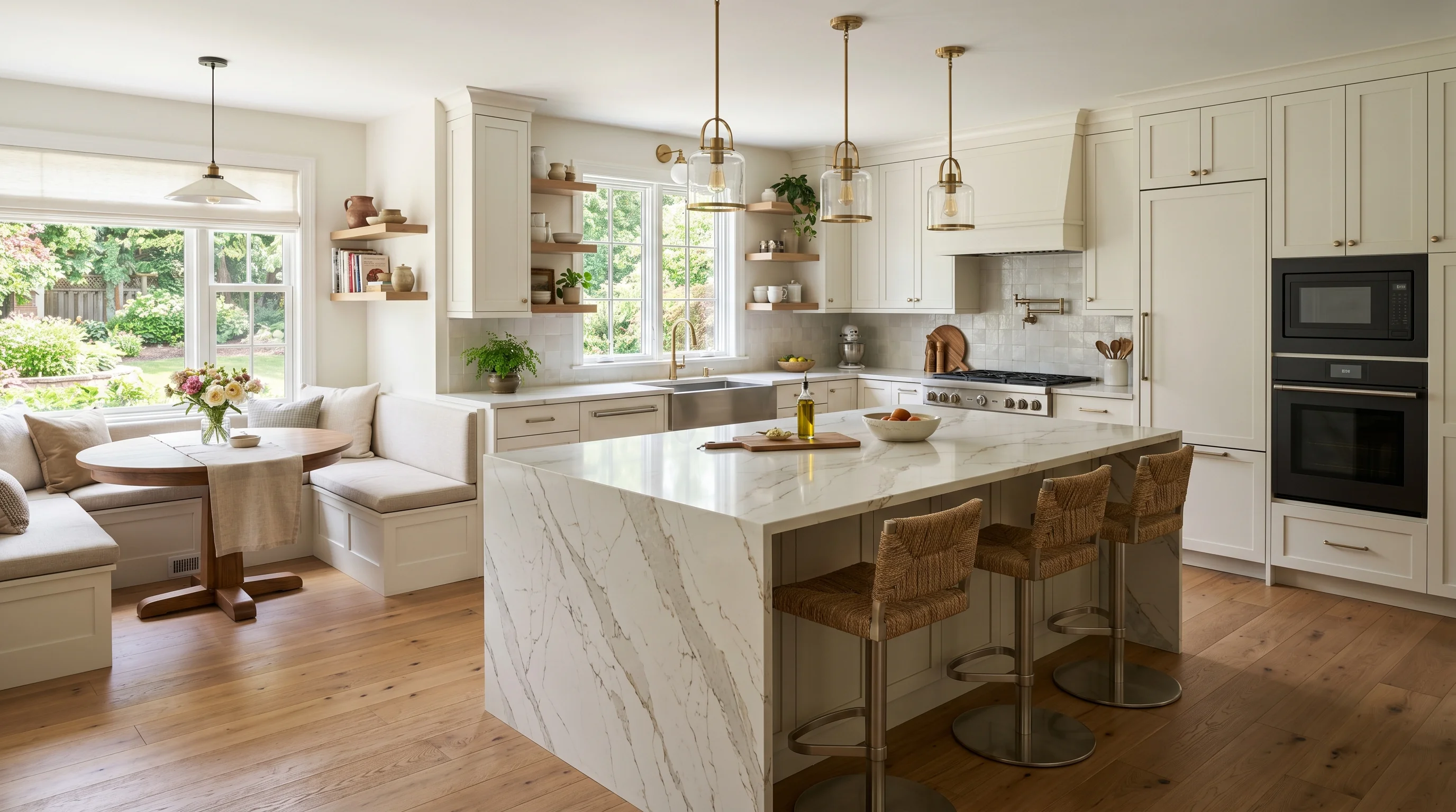 Panoramic finished Greenacres kitchen with marble island and brass hardware