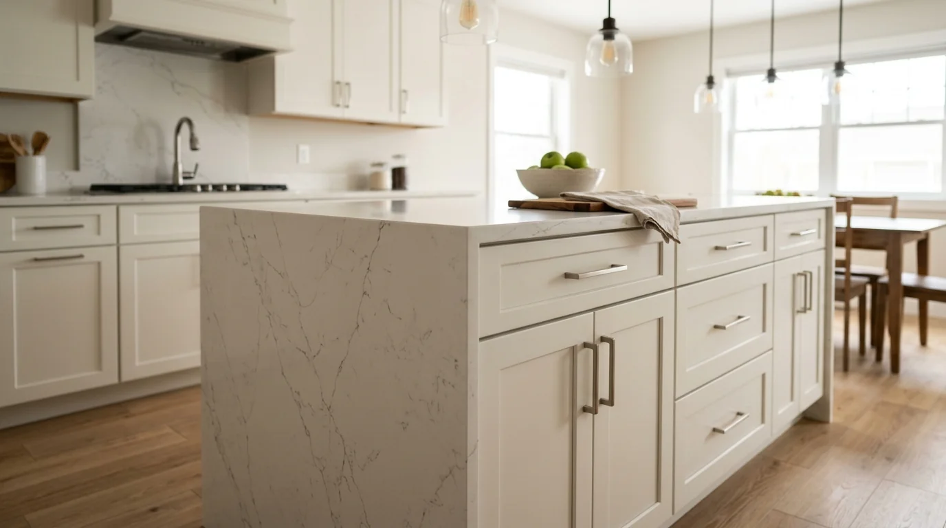 Greenacres luxury kitchen with marble waterfall island and brass pendants