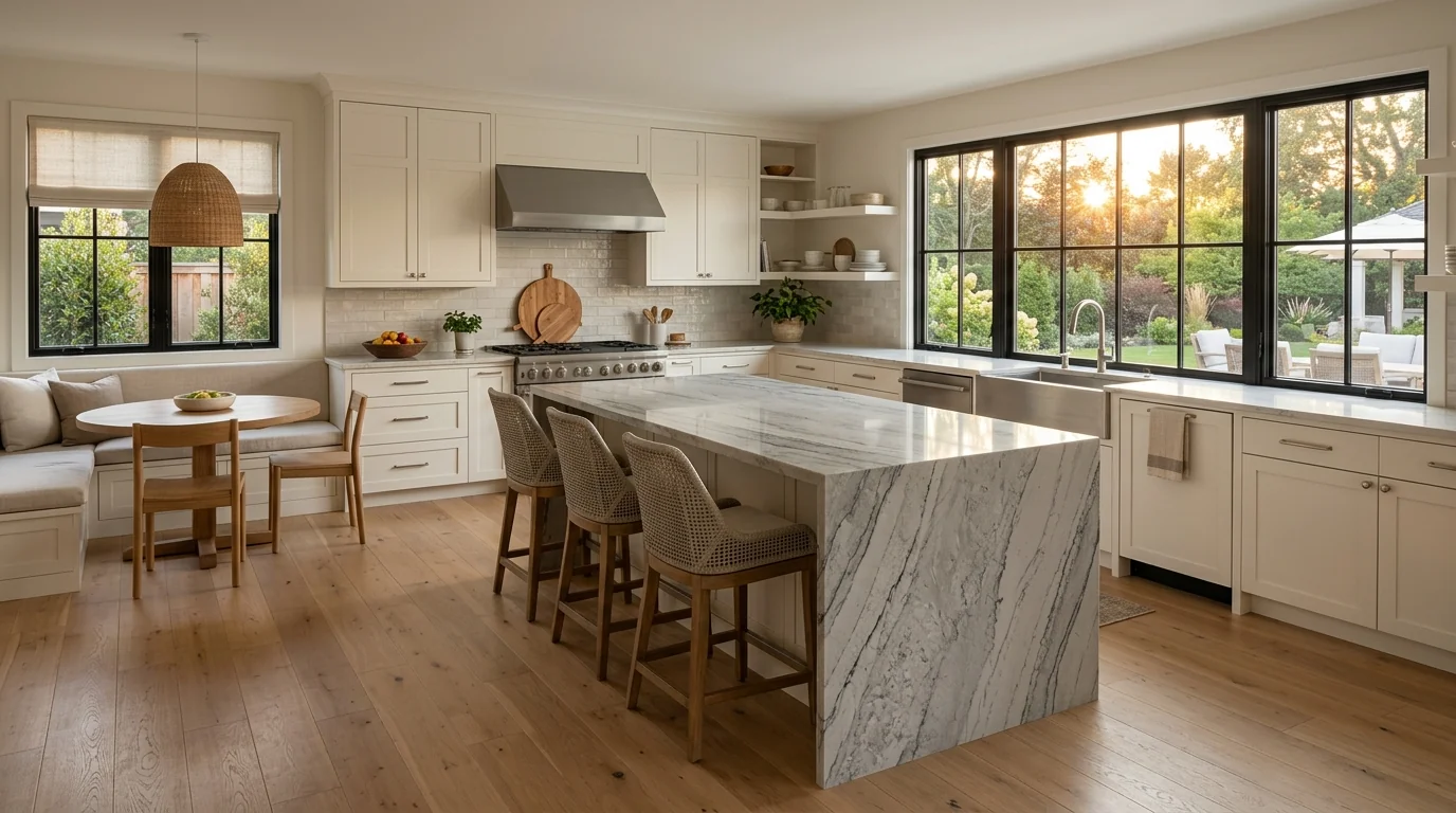 Wide cinematic Greenacres kitchen with marble island and arched windows
