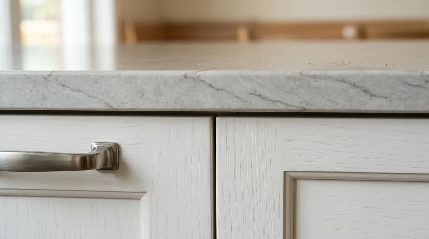 Close-up of warm wood Greenacres kitchen cabinetry and stone countertop detail
