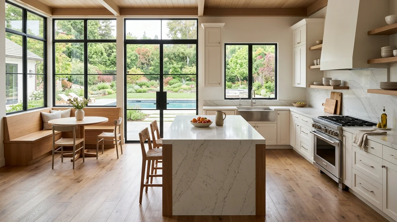 Ultra-wide Greenacres kitchen with marble waterfall island and pool deck view