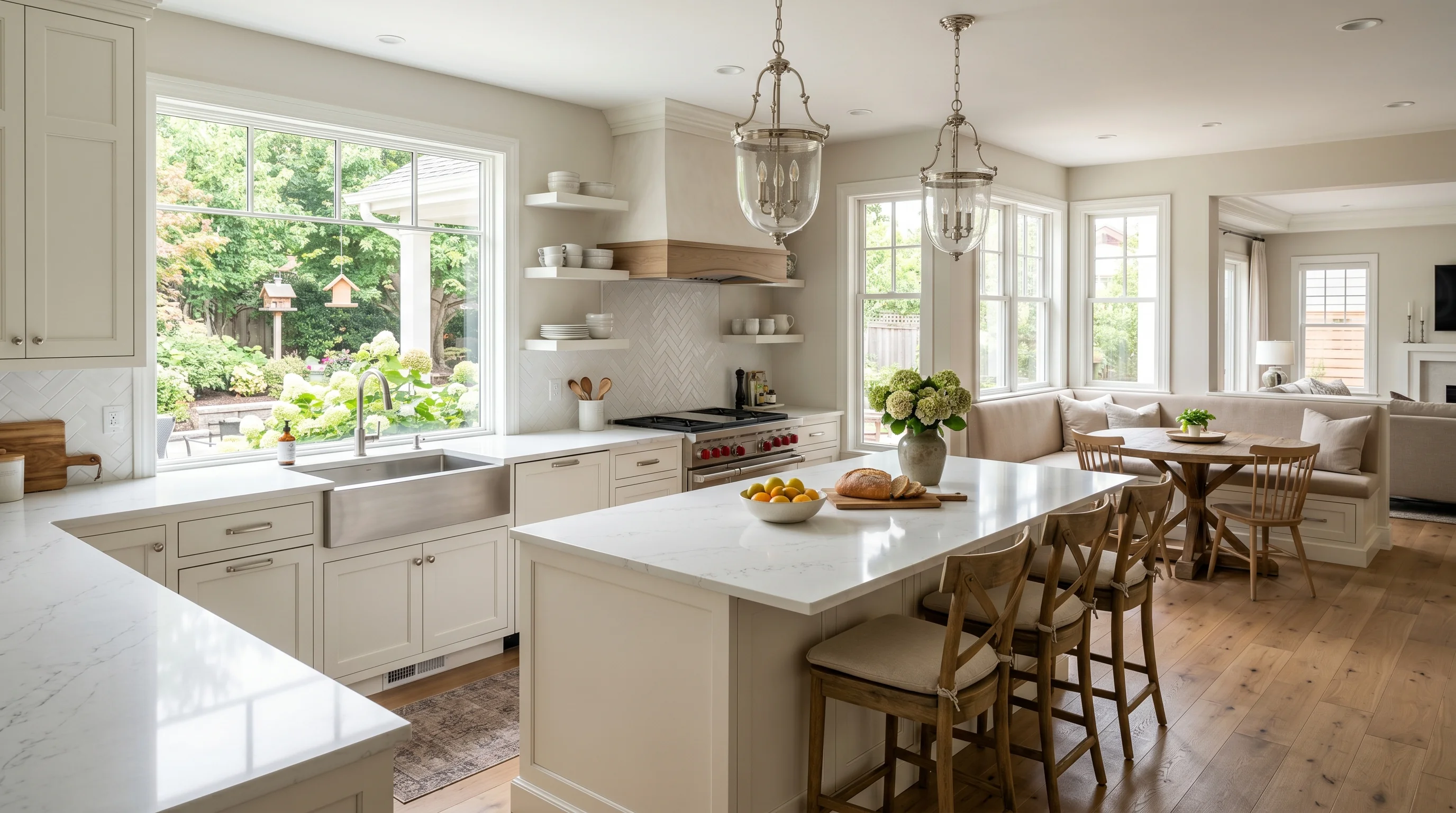 Greenacres gated-community kitchen with island and ornate brass pendant lighting