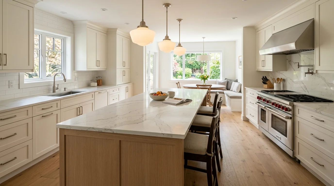 Panoramic finished Greenacres kitchen with marble island and brass hardware