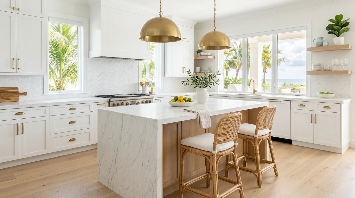 Juno Beach luxury kitchen with marble waterfall island and brass pendants
