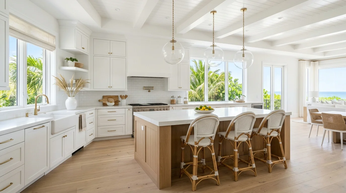 Wide cinematic Juno Beach kitchen with marble island and arched windows