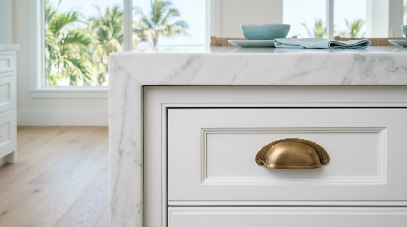 Close-up of warm wood Juno Beach kitchen cabinetry and stone countertop detail