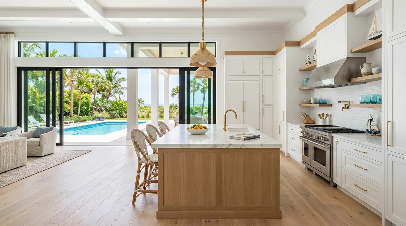 Ultra-wide Juno Beach kitchen with marble waterfall island and pool deck view