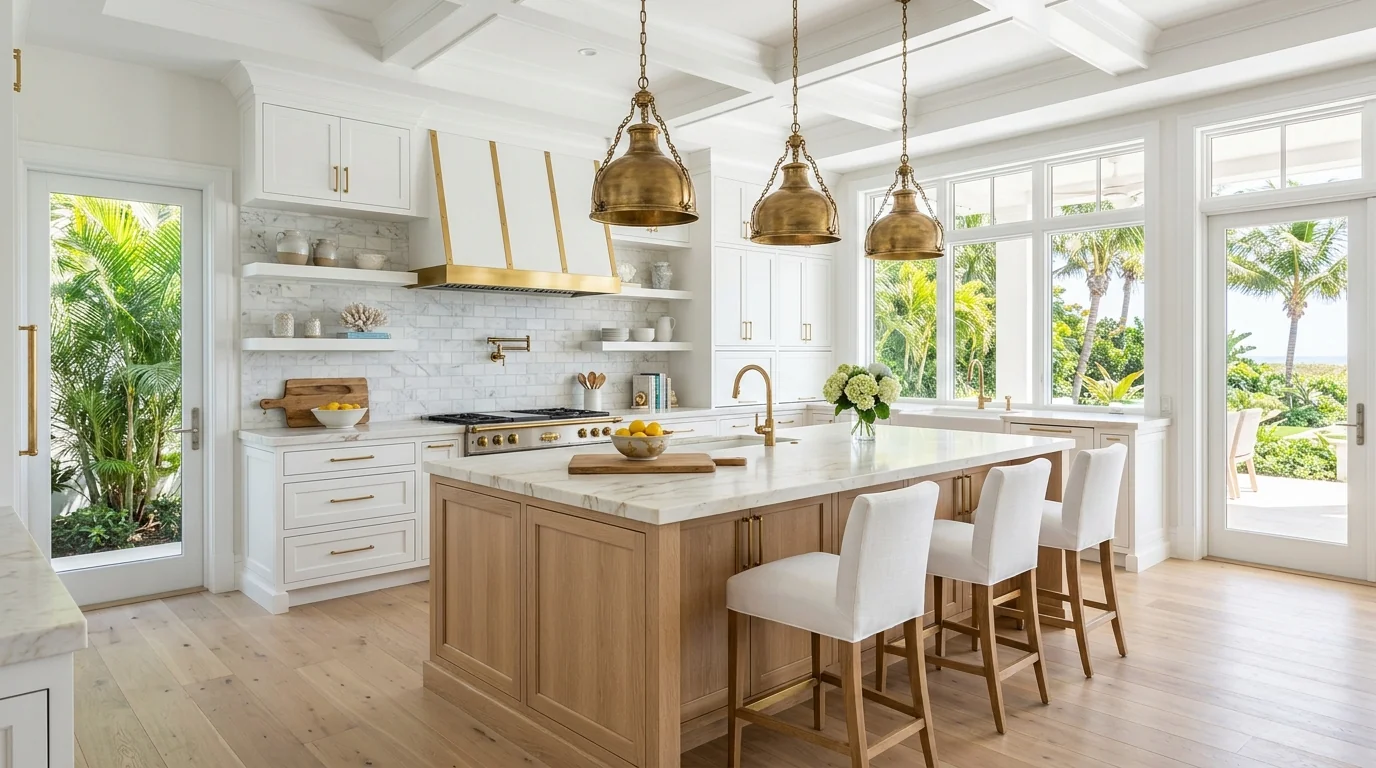 Juno Beach gated-community kitchen with island and ornate brass pendant lighting