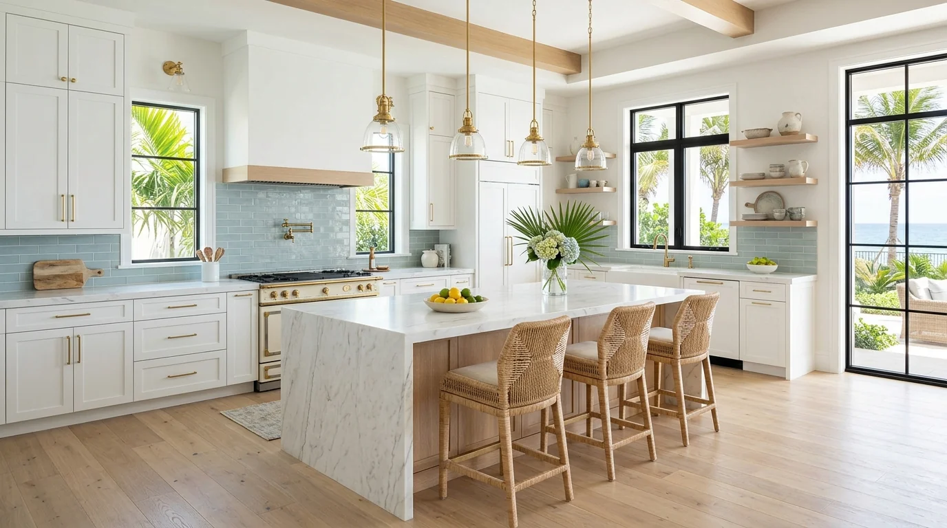 Panoramic finished Juno Beach kitchen with marble island and brass hardware